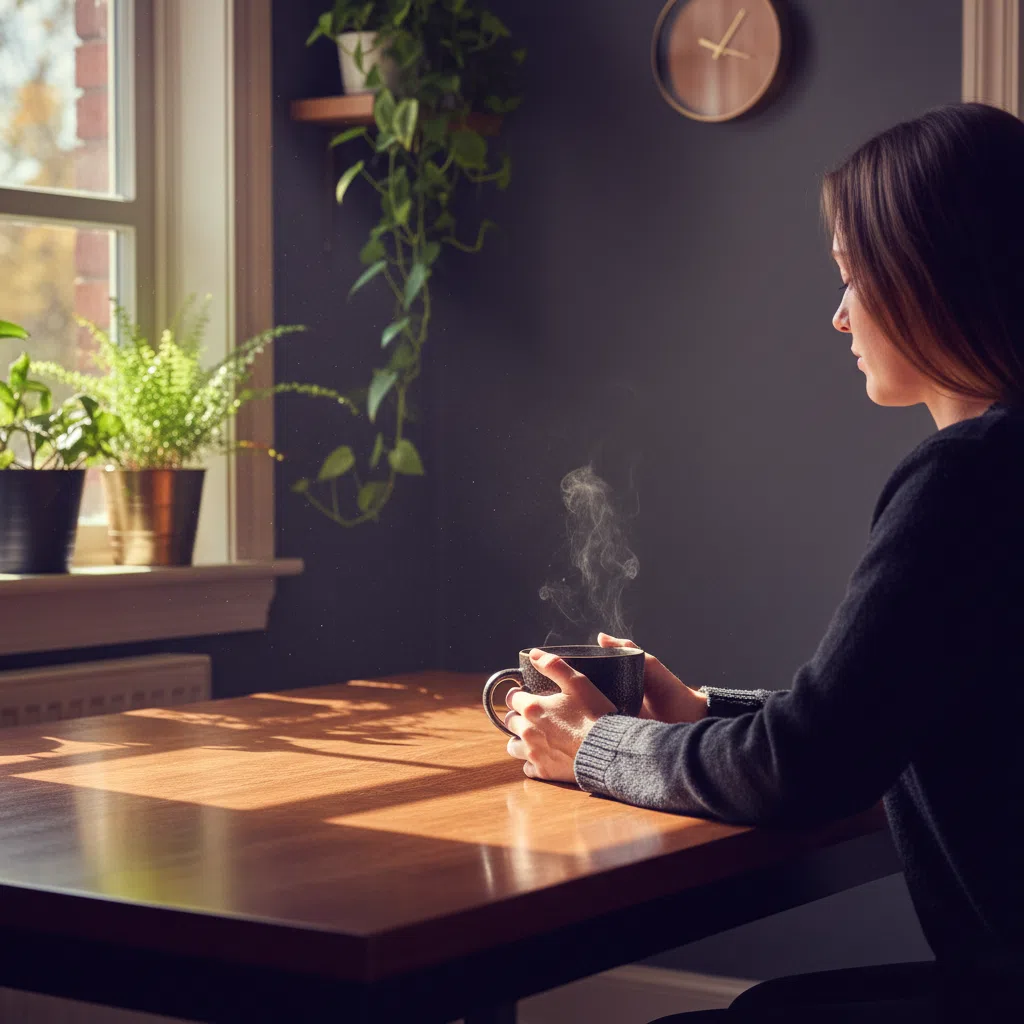 Anonymous person from behind holding a warm coffee mug at a sunlit kitchen table - support normal metabolism naturally with a morning coffee ritual